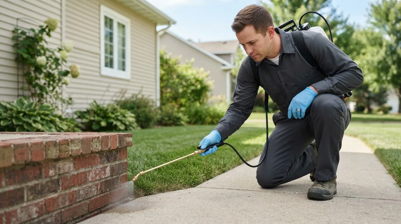 Pest control technician treating a home near Barrett, MN